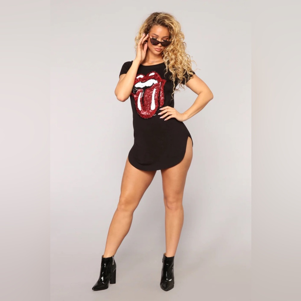 NWT Fashion Nova Sexy Sequin Lady Lips Rock n’ Roll KISS Black Mini Dress